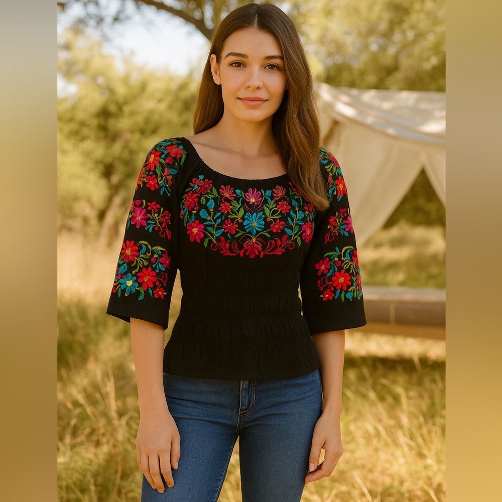 Mexican Floral Embroidered Cinco De Mayo Fitted Black Women's Top Size XS S NEW